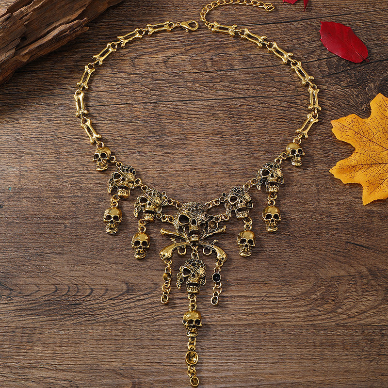 Wholesale Halloween Dark Retro Metal Tassel Skull Short Necklace